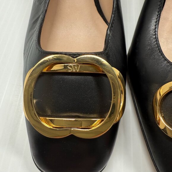 Stuart Weitzman Anicia 60 Black Leather Pumps Gold Buckle Size 5.5 Block Heel - Picture 4 of 13